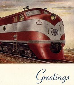 Card detail: Greetings and Red and white diesel locomotive