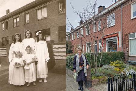 Nonja and 4 young girls beside a house in 1948. And Nonja at the same location in 2021.