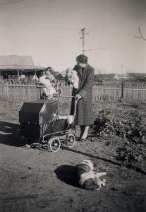 Nonja, Joanna and twins with pram and dog. 